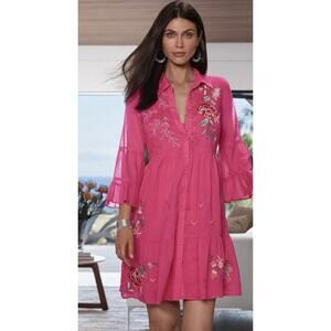 Johnny Was Workshop Easy Tiered Erinn Dress Size M Pink Embroidered Sheer Summer
